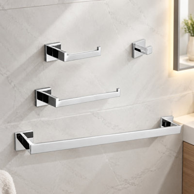 4-Piece Bathroom Hardware Set, Chrome Stainless Steel, Wall Mounted