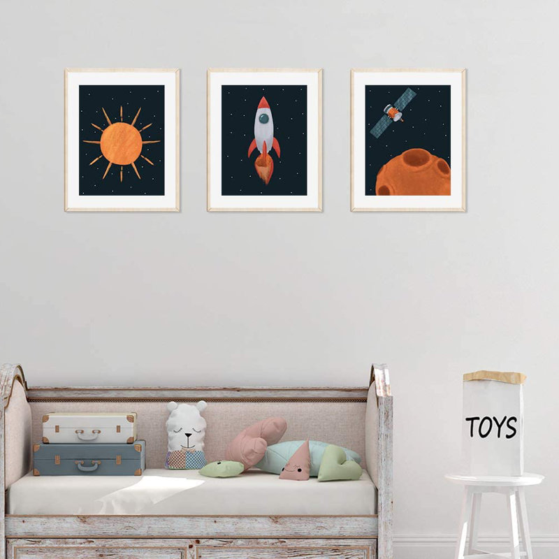« outerspace star », ensemble de 3 reproductions de papier avec thème, soleil, fusée, satellite Winship