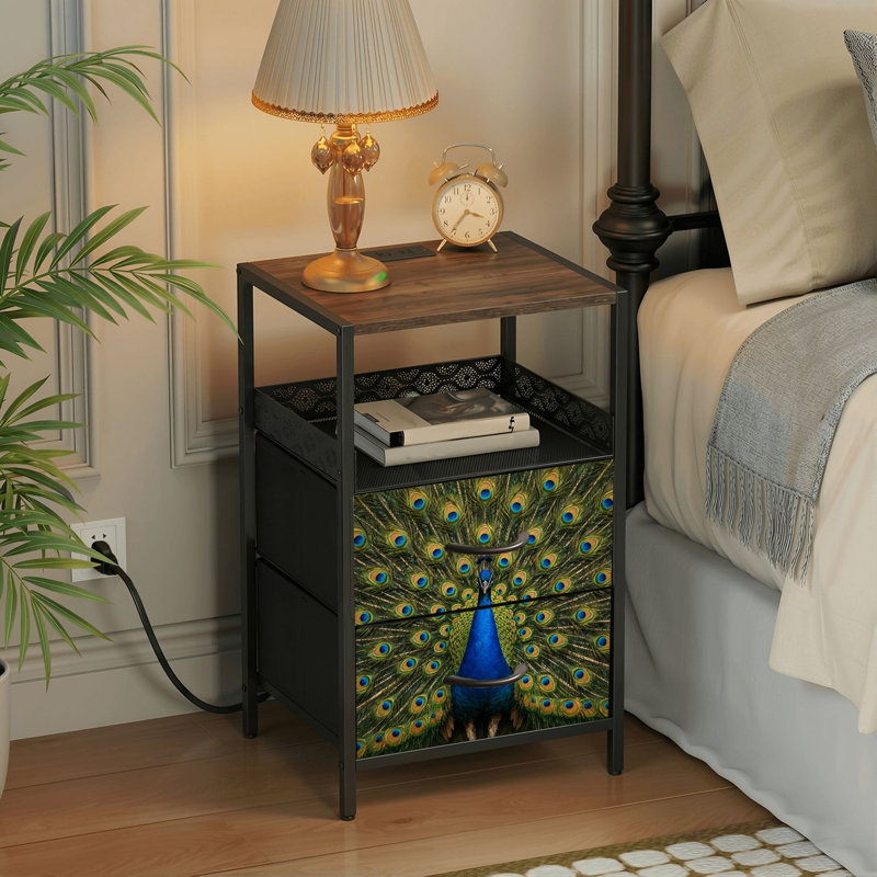 Table de chevet 2 tiroirs avec station de charge, table de chevet pour chambre à coucher avec ports USB et prises USB