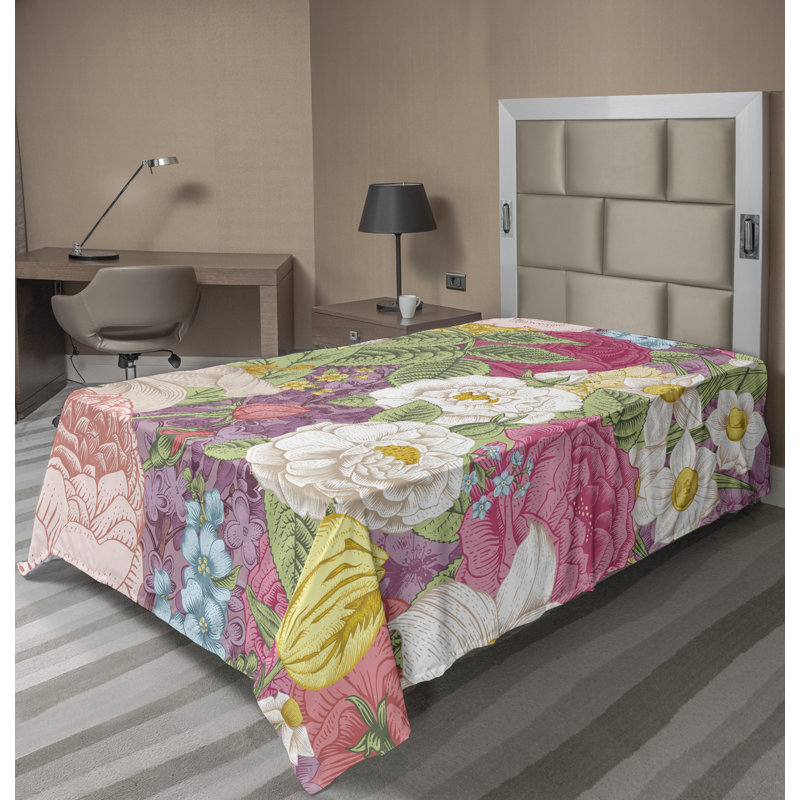 Drap plat moderne de style bohème Ambesonne, Vert / rose / motif floral mauve, Drap plat pour lit simple