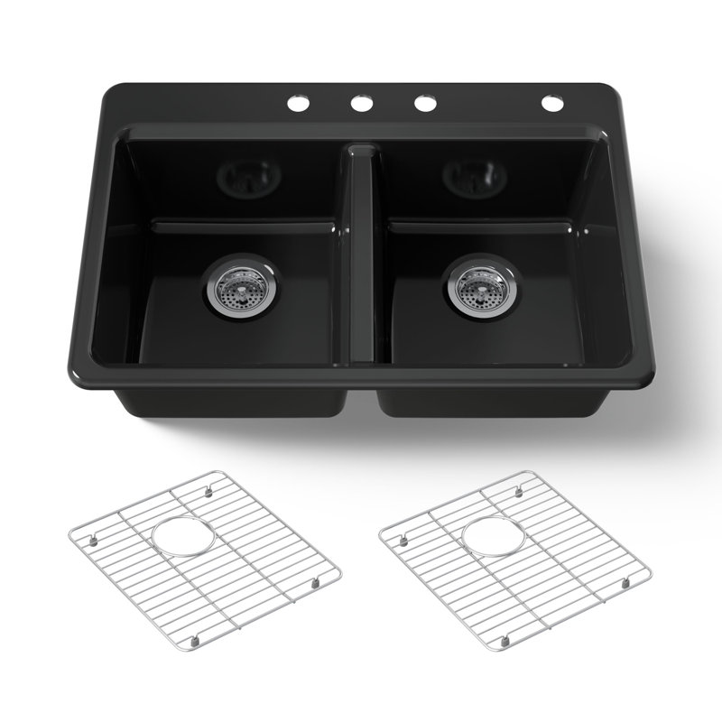 Riverby 33 In. Top-Mount Double-Bowl Kitchen Sink, Black, 4 hole, Double-equal bowls