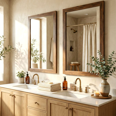 36" x 24" Farmhouse Rectangular Wall Mirror with Tempered Glass, Wood Grain Frame