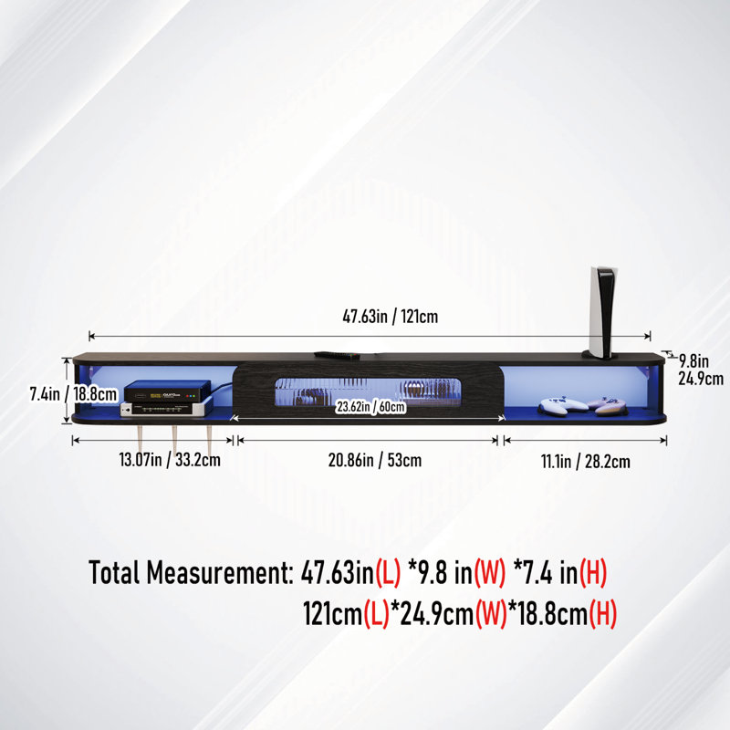Floating Tv Stand With Led Lights, Wall Mount Tv Cabinet, 7.4"H x 47"L x 9.8"W