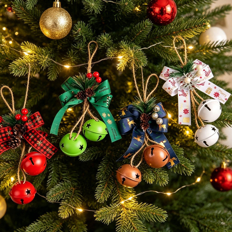 12 pièces de décoration de cloche de Noël en métal avec nœud, corde de jute et baies, ornements de ferme rustique pour arbre de Noël