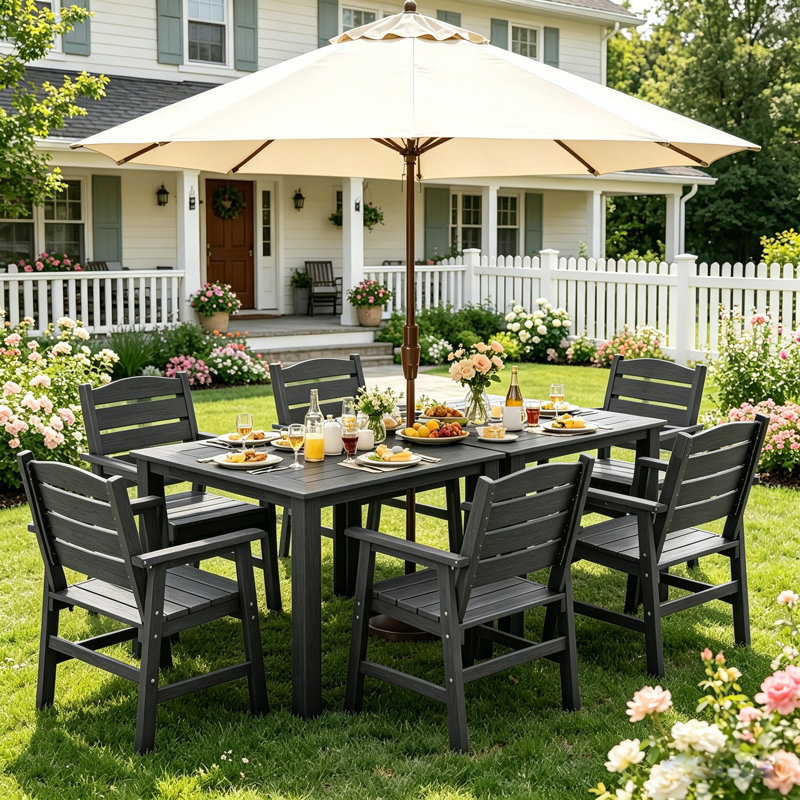 Outdoor Dining Set For 6 Person All Weather 8 Piece HIPS Outdoor Patio Table And Chairs Set With Aluminum Frame Plastic Outside Furniture For Backyard, Garden, Deck, Poolside, Gray