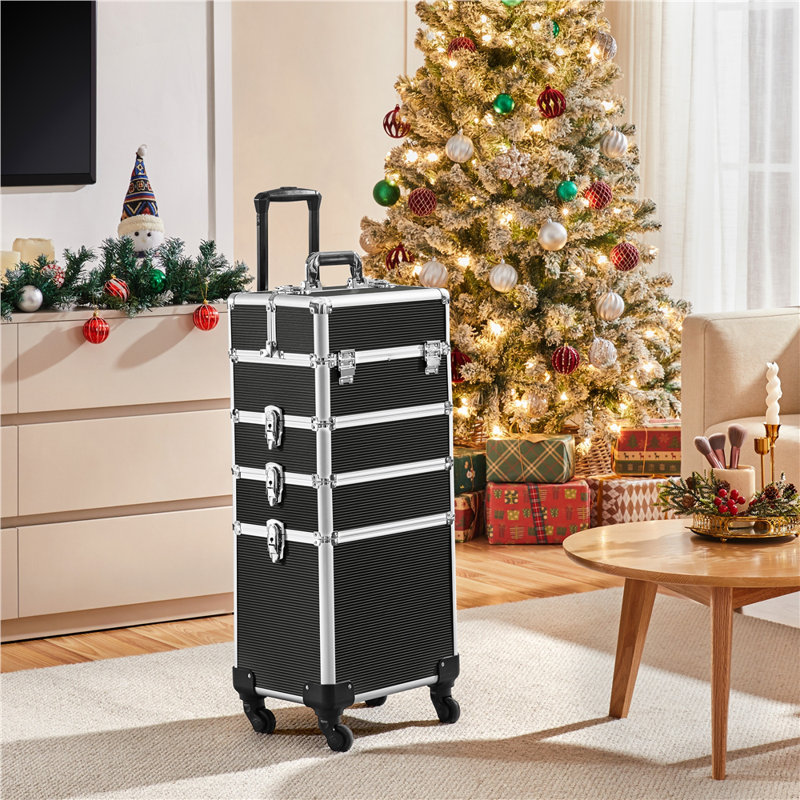 Abrams Professional Makeup Train Case 4 in 1 Rolling  Makeup Case, Black/Silver