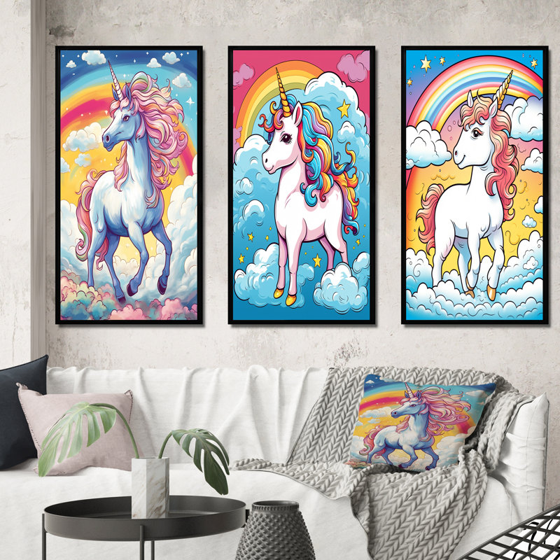 «Cute Unicorn And Rainbow II», 3 pièces sur toile, H 32 po x l 48 po, Cadre noir