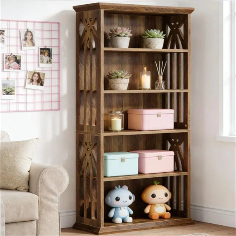 Bibliothèque moderne brune avec motifs élégants, présentoir réglable à 6 niveaux et support de rangement, tablette autoportante de 74,8 po de hauteur avec une capacité de 350 lb pour le salon, la chambre à coucher et le bureau
