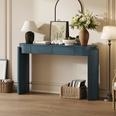 Table d'entrée avec finition grain de bois naturel, console avec conception cannelée, plateau ovale et 2 tiroirs