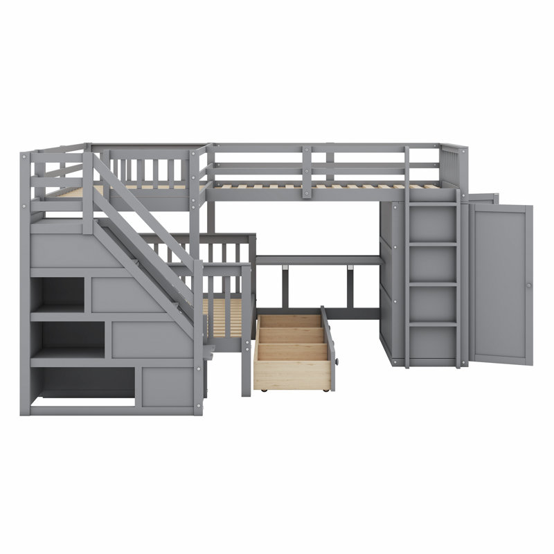 Lit superposé en L avec 3 tiroirs, bureau portable et garde-robe, Gris