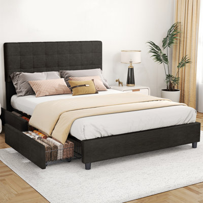Queen Bed Frame with 4 Underbed Drawers, Modern Platform Bed with Headboard