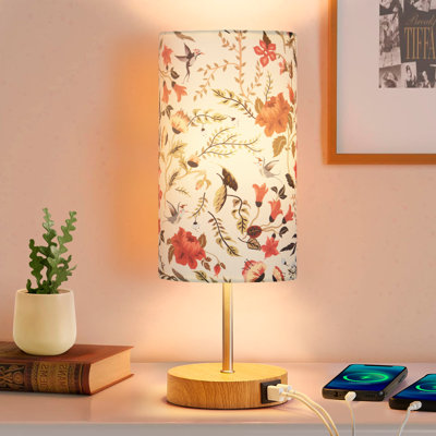 Miika 15 in. Metal USB Table Lamp with Dual USB Ports and Floral Lampshade