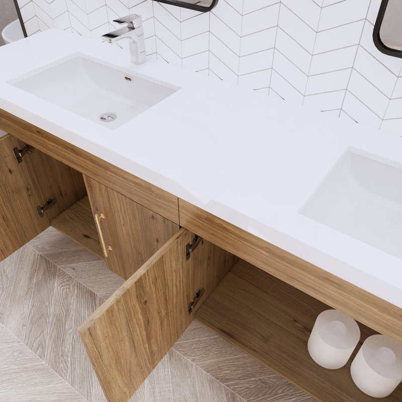 Mapleview 83.44" Wall-Mounted Double Bathroom Vanity Set, Natural Oak