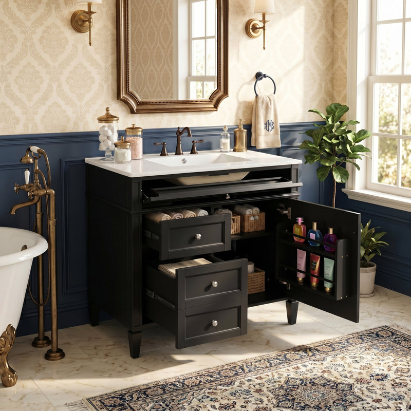 Meuble-lavabo autoportant 24 po en MDF avec lavabo en céramique blanc, armoire de salle de bain noire avec 2 tiroirs, tablettes de porte réglables et tiroir basculant
