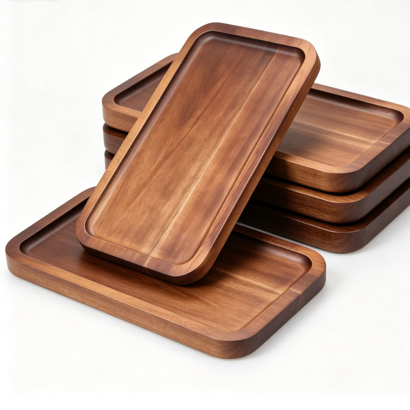 Ensemble de 4 plateaux de service rectangulaires en bois d'acacia (25,4 x 14 x 1,5 cm), compatibles avec les aliments, pour la cuisine, la table basse, le petit-déjeuner, le goûter et comme plateaux de rangement décoratifs.