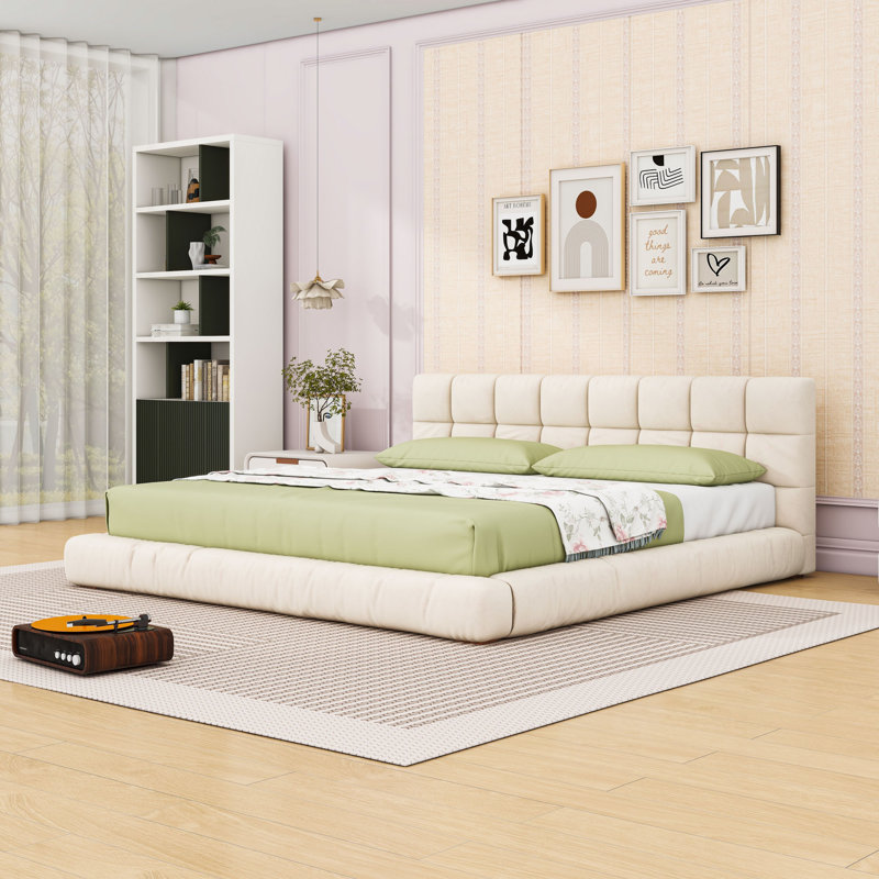 Structure de lit plateforme tapissier avec tête de lit, Beige, King