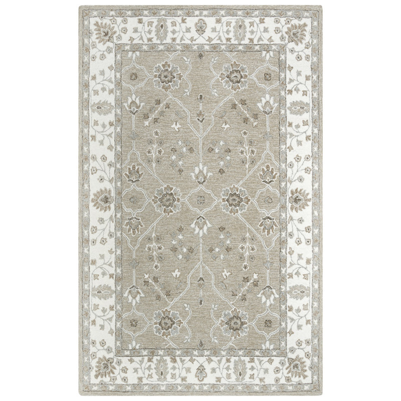 Tapis oriental blanc / gris en laine touffeté à la main Bernard, Rectangle 5 pi x 7 pi 6 po