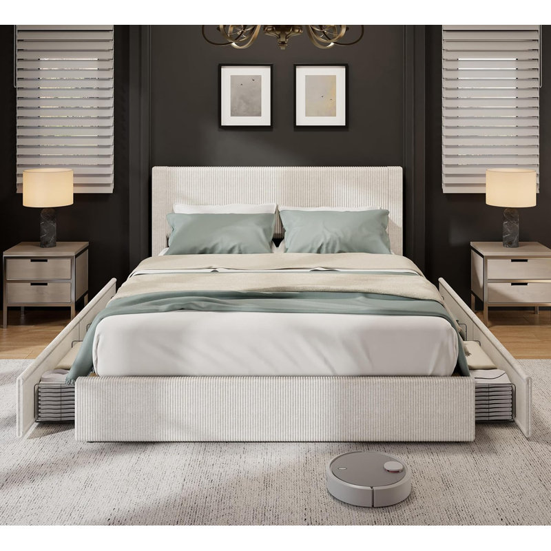 Base de lit Homhougo avec tête de lit à oreilles capitonnée, lit plateforme tapissier en velours avec 4 tiroirs de rangement, support à lattes en bois, aucun sommier nécessaire, beige