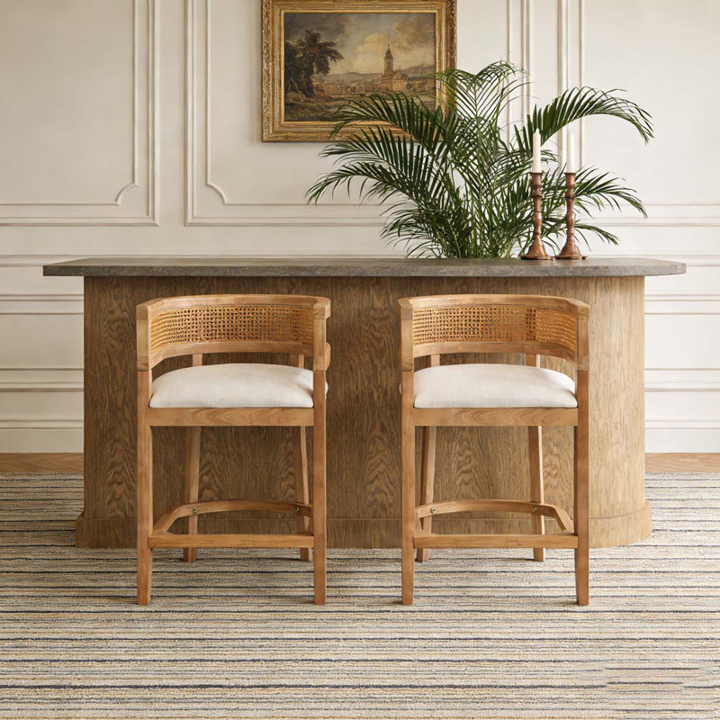 Wood And Rattan Upholstered Arm Counter Stools, Beige,Natural,Oak