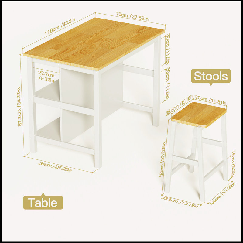 3 PCS Dining Table Set Rustic Retro Breakfast Table Dining Stools Rubber Wood for 2
