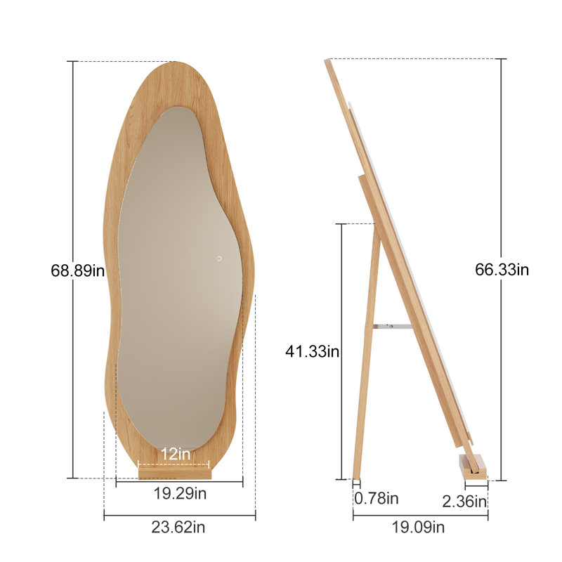 Wavy LED Full-Length Mirror, Solid Wood Frame, Shatterproof, Floor & Wall Mount, Tan