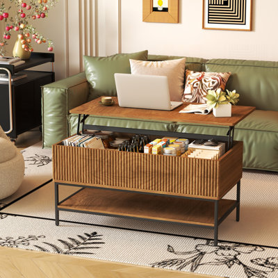 Table basse à plateau relevable rectangulaire de 39,4 pouces de style campagnard avec rangement caché et tablette inférieure, pieds en acier robustes, assemblage facile pour le salon, brun rustique