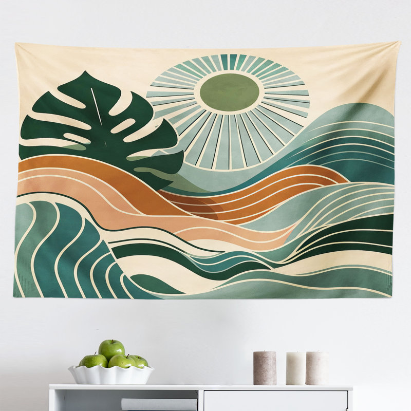 Ebern Designs Monstera Wall Hanging Tapestry Abstract Landscape Boho Evergreen Pale Seafoam, H 30 po x l 45 po