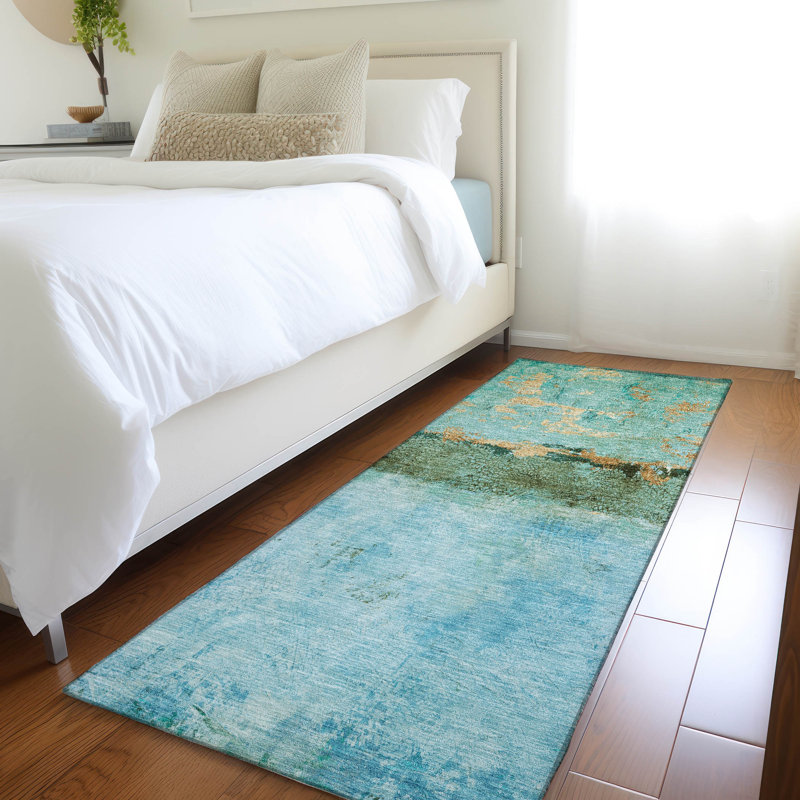 Machine Washable Indoor/Outdoor Cinead ACN1716 Teal Rug, Runner 2'3" x 7'6"