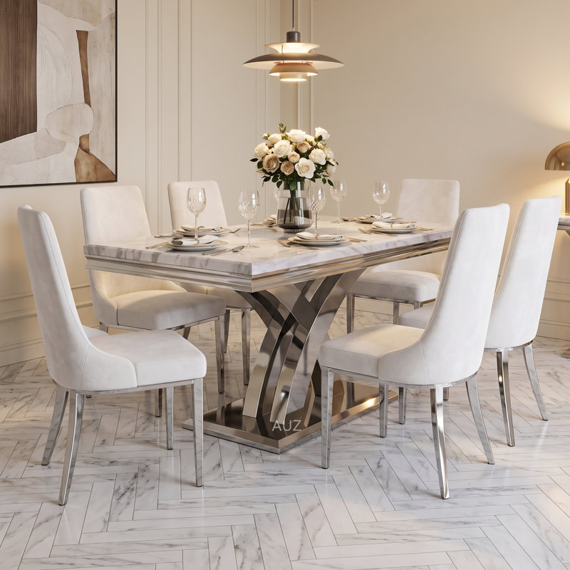 Table de salle à manger de luxe blanche avec base en X argentée