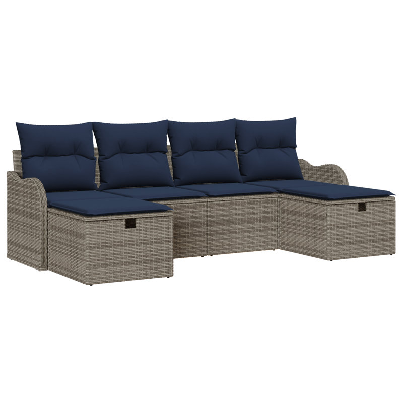 vidaXL Sofa Set with Cushion Manual 6 pcs Grey and Navy Poly Rattan, Gray Frame/Navy Blue Cushion