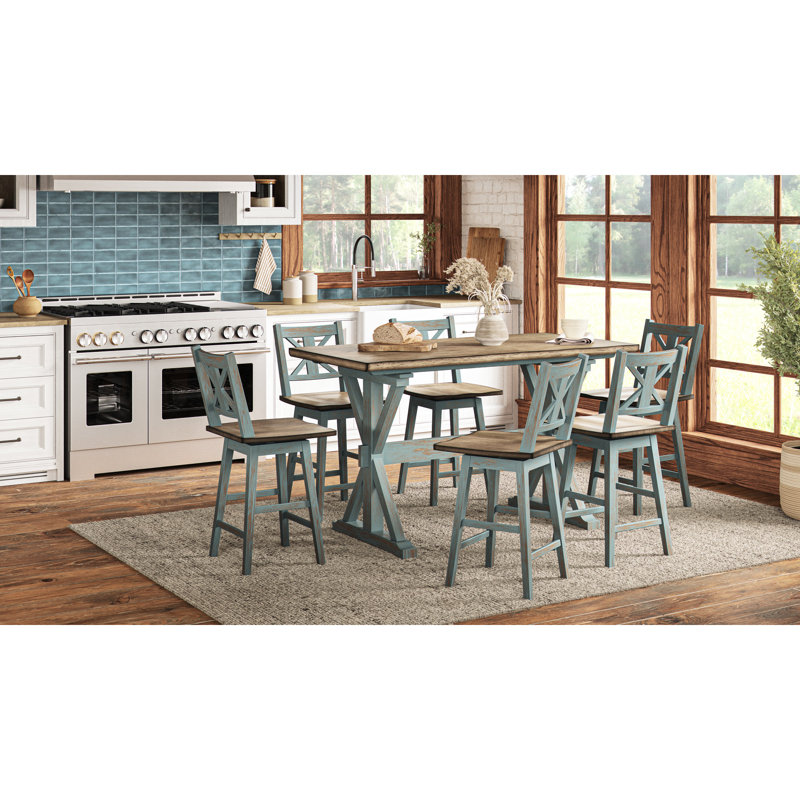 Counter Height Dining Table With X Base In Blue, Solid Wood + Design