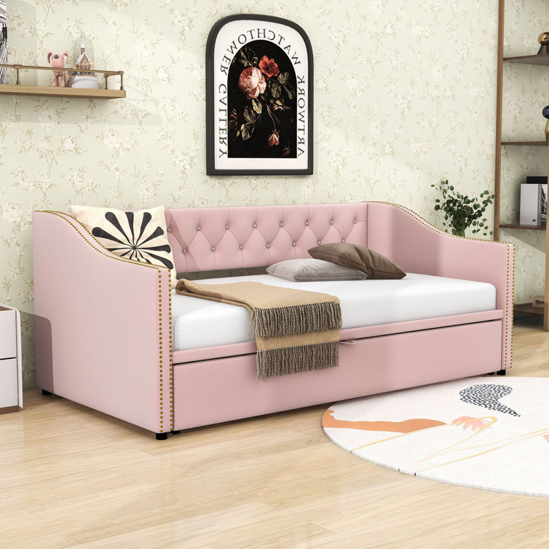 Upholstered Daybed with Twin Pop-Up Trundle, Space-Saving Design, Pink