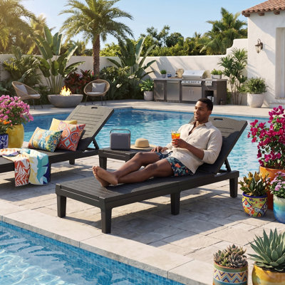 Ensemble de 2 chaises longues d'extérieur avec dossier réglable à 5 positions, chaises longues inclinables en PP pour le patio au bord de la piscine