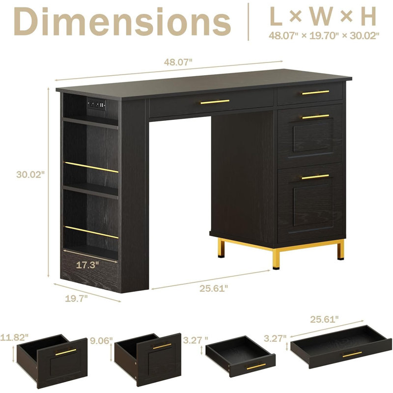 48 Inch Home Desk with Gold Handle Drawer and Power Outlet Computer Desk with Storage Shelf, Black