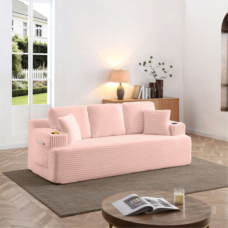 Canapé désossé avec 2 coussins supplémentaires, tissu en velours côtelé 5 places avec porte-gobelet et poche latérale avec revêtement de sol facile à installer, rose