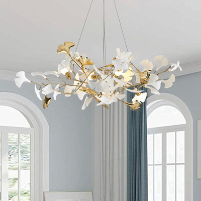 Lustre de 39,4 pouces à feuilles de ginkgo dorées, luminaire suspendu moderne en céramique et en laiton pour salle à manger, salon, chambre à coucher