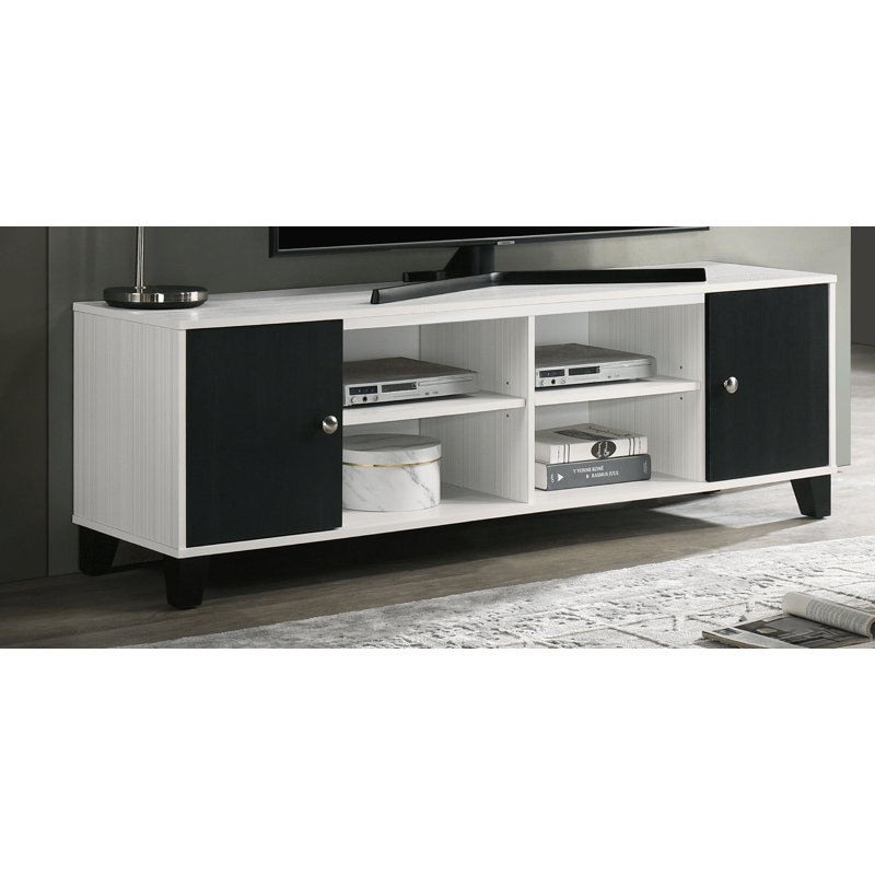 Meuble télé Akin, 2 portes et 4 tablettes ouvertes, blanc, bois noir