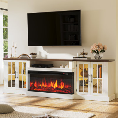 87" Tv Stand With Electric Fireplace, Large Entertainment Center For 100" Tvs, Tv Console With Cable Holes, Adjustable Shelves & Glass Doors