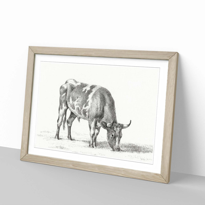 Grazing Bull by Jean Bernard - Picture Frame Drawing Print, 36cm H x 48cm W x 2cm D, Oak Framed