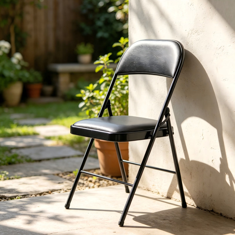 Four-Piece Folding Chair Set (Black Vinyl), With Padded Backrest And Comfortable Seat, Sturdy And Durable Steel Frame, Suitable For Home, Office And Indoor/Outdoor Activities.
