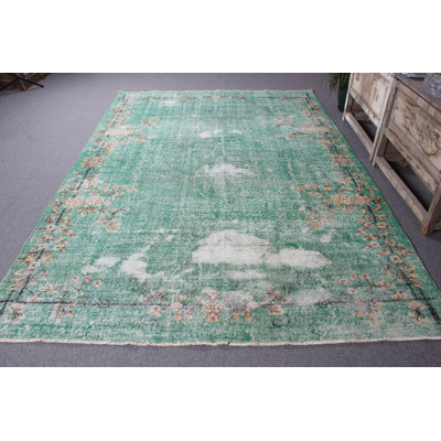 Grand tapis turc beige rétro idéal pour la salle à manger avec motif Oushak délavé et couleurs vibrantes