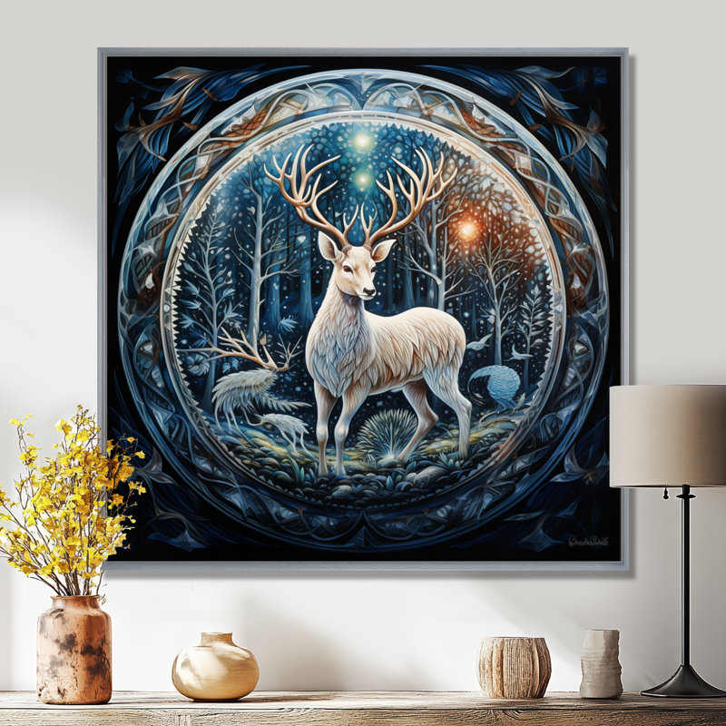 Cerf céleste avec des bois dans une forêt enchantée - art mural animal cerf, Toile avec cadre argenté