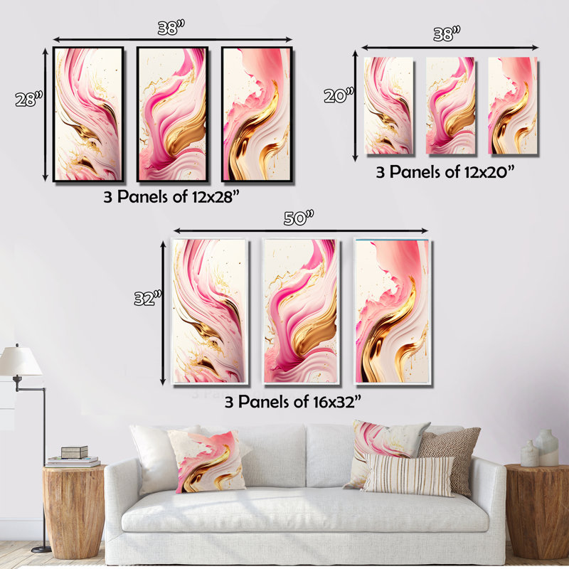 «Bold Pink and Gold Flow Art», 3 pièces sur toile, Noir, H 20 po x l 36 po