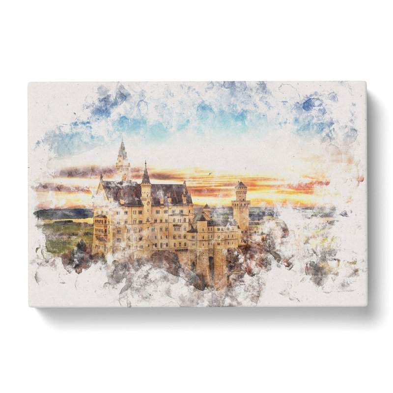 Neuschwanstein Castle Watercolour - Wrapped Canvas Print, 60cm H x 91cm W x 4cm D