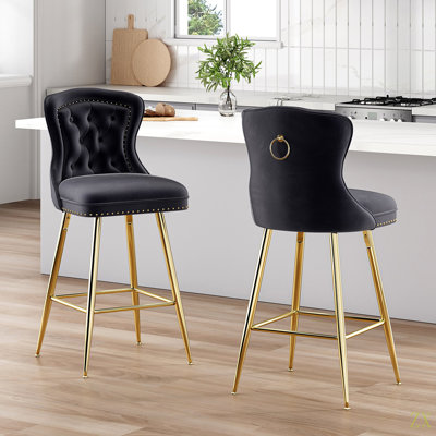 Ensemble de 2 tabourets de bar, tabourets de bar à hauteur de comptoir en velours avec pieds en métal, garniture capitonnée et têtes de clous, chaises de bar à oreilles pour le pub de l'îlot de cuisine