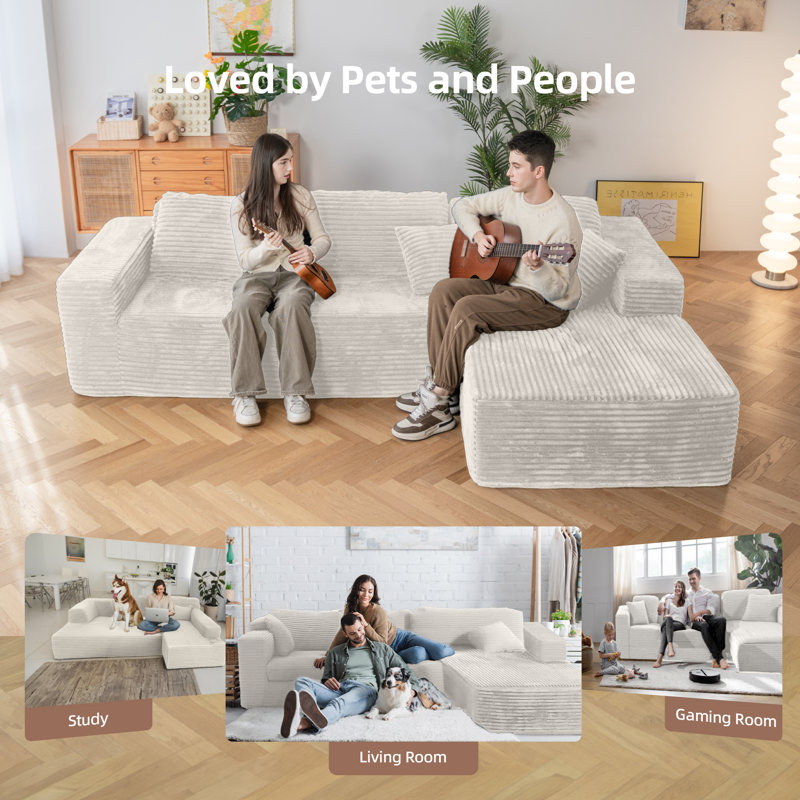 Boneless 104" W Beige Corduroy Upholstered Modular Sectional Sofa with 5 Pillows, 2-Piece Convertible Sleeper, No Assembly Required