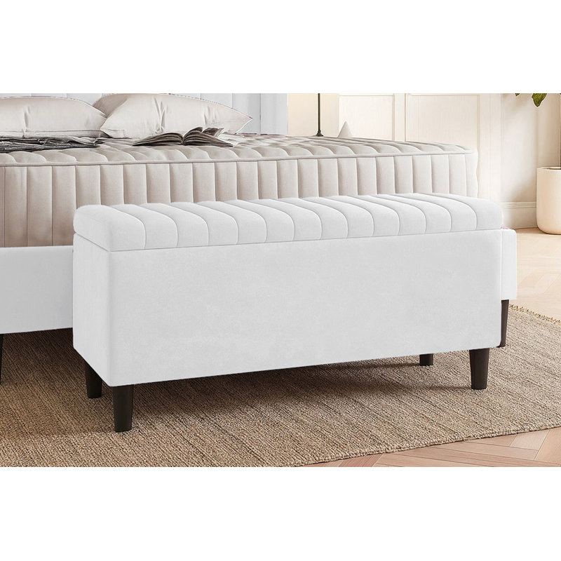 Plush Velvet Lined Upholstered Ottoman Storage Box with Wooden Legs, 45cm H X 120cm W X 40cm D, White
