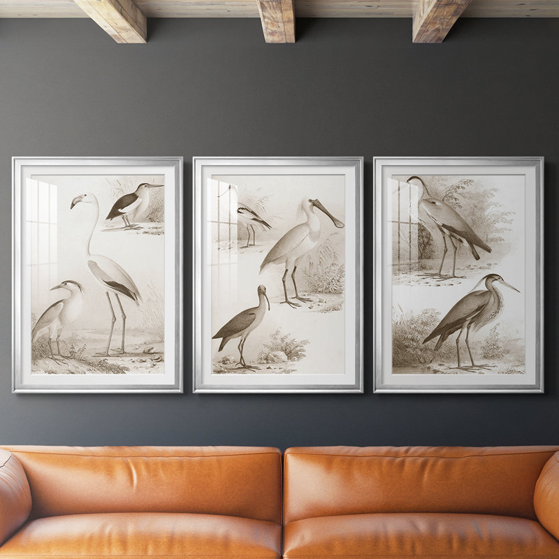 Sepia Water Birds I  -Custom Framed  Premium Print W Matt - 3 Pieces, Silver, 21" H x 30" W
