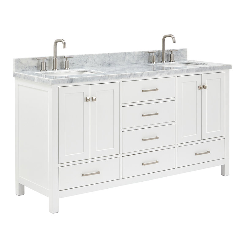 Cambridge 67'' Double Bathroom Vanity with Carrara Marble Top, White / Brushed Nickel