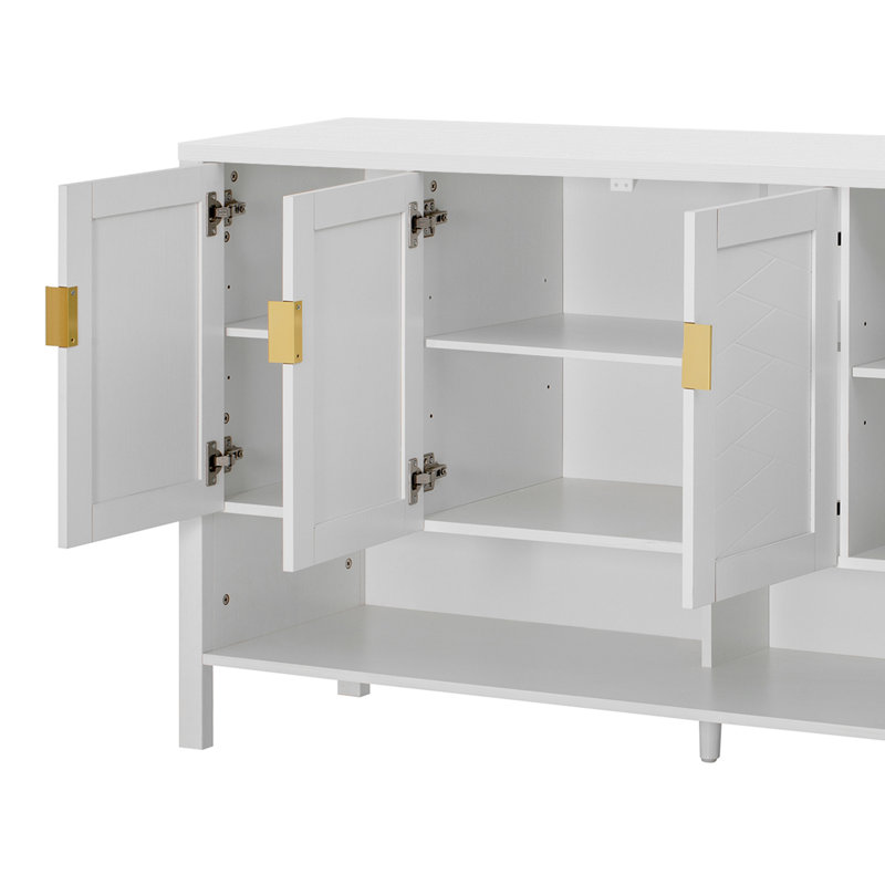 Buffet de rangement en panneau de fibres à densité moyenne avec 4 portes, buffet multifonctionnel avec tablette ouverte et 2 tablettes réglables, armoire moderne avec crochets doubles, blanc